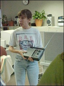 How much radiation is put off by equipment? We found out using this handheld radio. Regular PCs produce a good amount of radiation, the speakers put out their own electromagnetic radiation, and the list goes on. Even the Mavica puts out a little bit of electromagnetic radiation. Needless to say, this room is shielded, so as to prevent the radiation originating in here from interfering with the GBT.