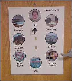 Where is Mr. Schumin? Good question... the arrow, cleverly velcro-ed to the door, shows where I am. Done in the same picture-circle theme that I did my Web site in this year, the possibilities are "In" (picture of me), "Studying" (study room at Zane Showker), "On Duty" (a photo of Potomac Hall), "Around Potomac" (the 4th floor upperclass TV lounge from last year), "Out" (I-64 signs), "Do Not Disturb" (a no-left-turn sign slightly modified), "At Class" (Zane Showker Hall, of course!), and "Sleeping" (my loft from last year).