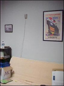 Above the futon is Queen Mary (left), Liberté (right) and the phone strobe (center).