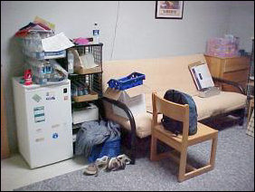 Next to the futon, beyond the shelf, is the fridge.