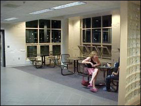 And welcome to the first-floor lounge, new home of recycling, and on the freshman side, home of three tables-and-chairs setups.