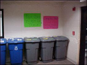 And welcome to the first-floor lounge, new home of recycling, and on the freshman side, home of three tables-and-chairs setups.