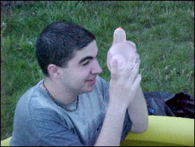 Meanwhile, Kaveh and Chris see what it's like looking at the world through the water balloons.