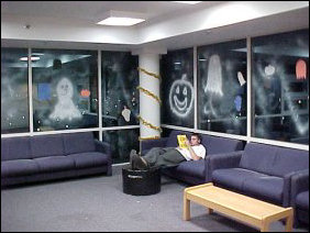 Three sides were Halloween... the one side that was concrete had a spider web on it, and the two glass sides were festively decorated with images made with spray-snow.