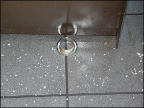 The sprinkler head itself could be found nearby - the decorative ring could be found on the floor next to the newspaper box, and the intact sprinkler head itself could be found on top of the newspaper box. I was amazed that the sprinkler head remained intact. I'd have expected the red glass rod to have broken off.