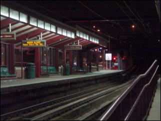 This is the Station Square station for The T. In Pittsburgh, all the stations are side platform, since the trains only have doors on the right side. One thing that distinguishes The T from Metro is that The T, being a light rail system, receives its power from overhead wires. This point was driven home when Patrick and I walked across the tracks next to the station to reach our platform. This was not a hazard, since The T has no third rail to get zapped on.