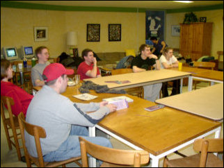 The next day, Spencer, Maggie, and Catherine left early to get to other commitments. The rest of us first went to the previously mentioned Samaritan service, and then headed to the Lutheran University Center for coffee and a worship service. The Lutheran University Center is in downtown Pittsburgh near the University of Pittsburgh and Carnegie Mellon campuses. Pitt's Litchfield Towers can be seen in the distance in the left photo. The right picture, an LPCM file photo from March, shows the lower level of the Lutheran University Center.